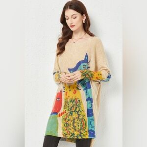 Cat Print Boat Neck Longline Knit Top